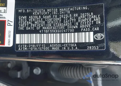 2016 Toyota Camry Se z USA, uszkodzony, nr VIN 4T1BF1FKXGU247790
